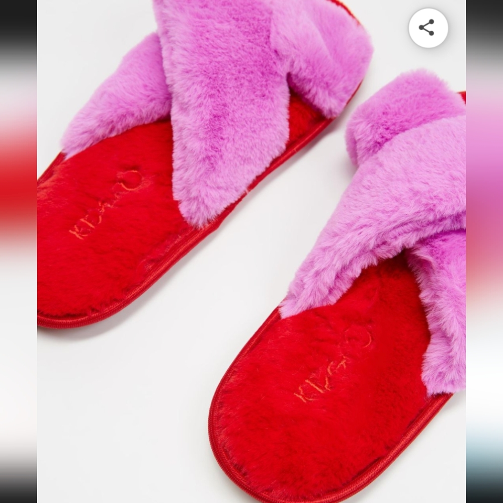 Kip&Co fluffy red & pink slippers, size 37/38 - Picture 3 of 6